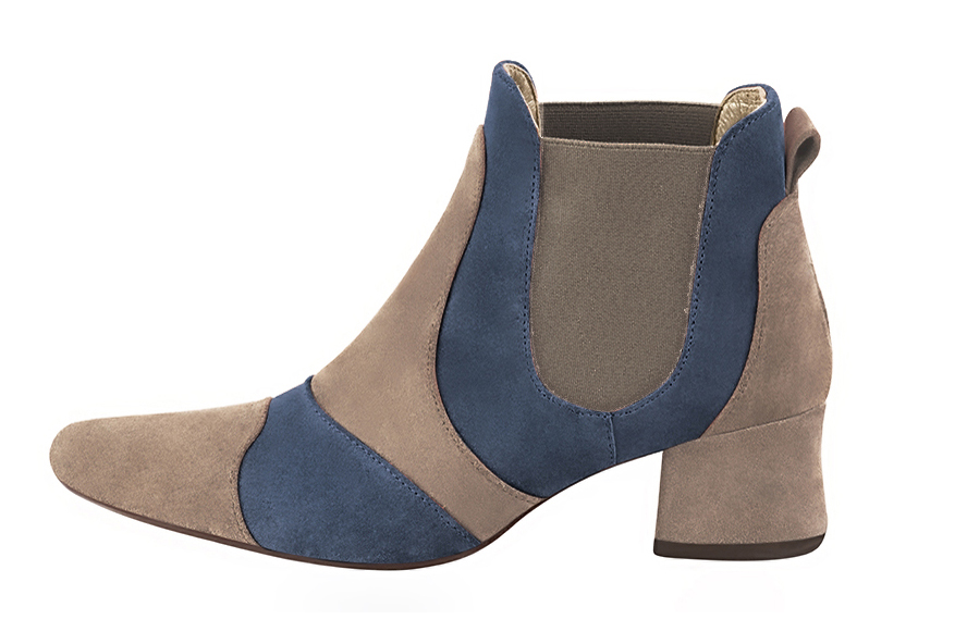 Tan beige and denim blue women's ankle boots, with elastics. Round toe. Low flare heels. Profile view - Florence KOOIJMAN